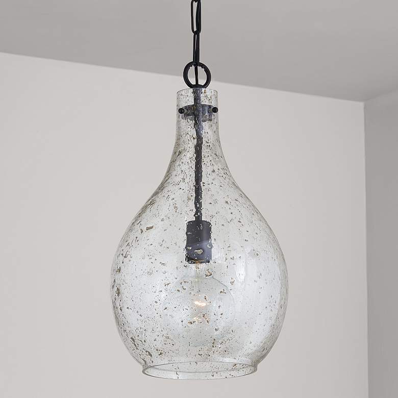 Image 1 Rabun 12"W Matte Black Mini Pendant with Stone-Seeded Glass