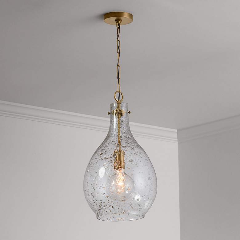 Image 1 Rabun 12"W Patinaed Brass Mini Pendant w/ Stone-Seeded Glass