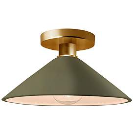 Image1 of Radiance 11.75"W Matte Green Frame Polished Brass Flare LED Semi.Flush