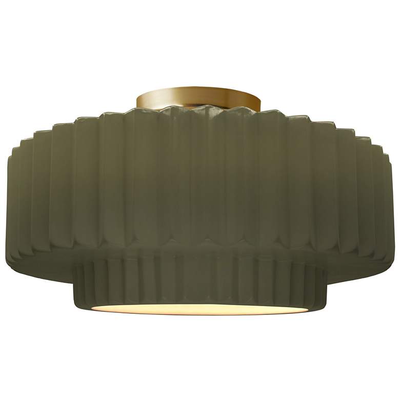 Image 1 Radiance 14.5"W Matte Green Frame Brushed Brass Tier Pleated Semi.Flus