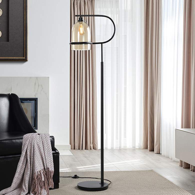 Image 1 Radiance 60.75" High Black Metal Floor Lamp With Overhang Glass Shade