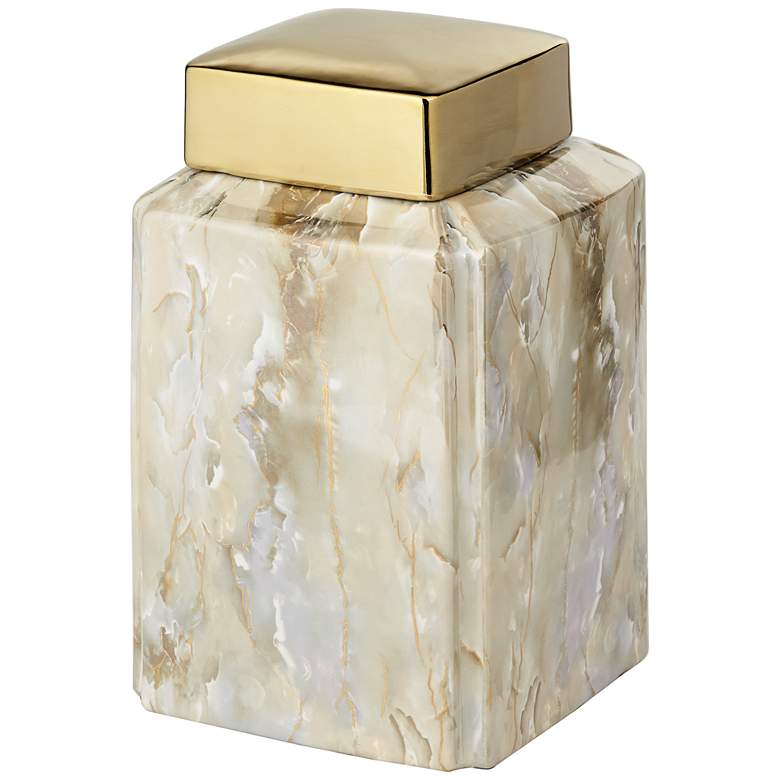 Image 1 Railey 9 inch High Shiny Marble Ceramic Jar with Gold Lid