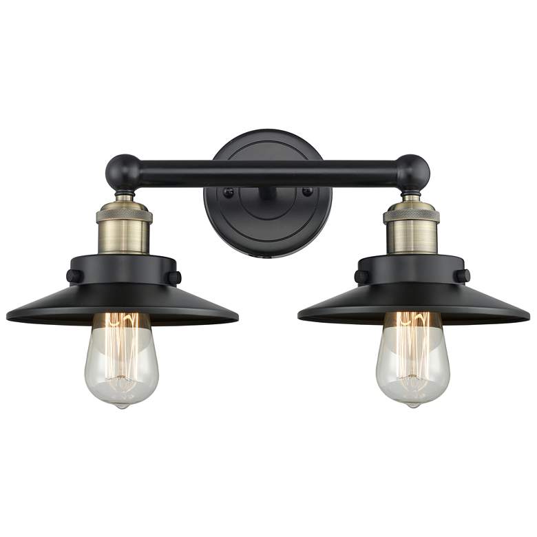 Image 1 Railroad 17"W 2 Light Black Antique Brass Bath Light With Black Shade