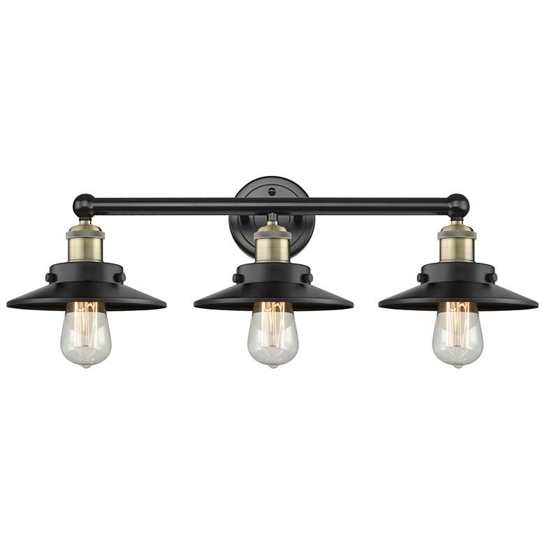 Image 1 Railroad 26"W 3 Light Black Antique Brass Bath Light With Black Shade