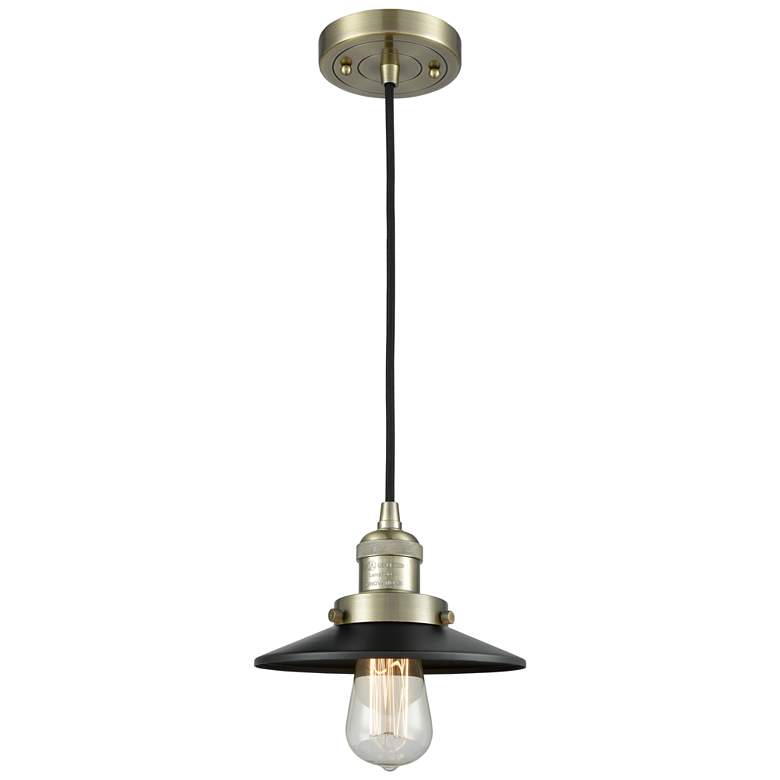 Image 1 Railroad 8" Antique Brass Cord Hung Mini Pendant w/ Matte Black Shade
