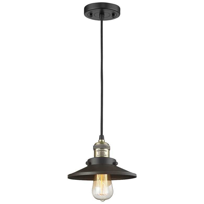 Image 1 Railroad 8" Black Antique Brass Cord Hung Mini Pendant w/ Matte Black