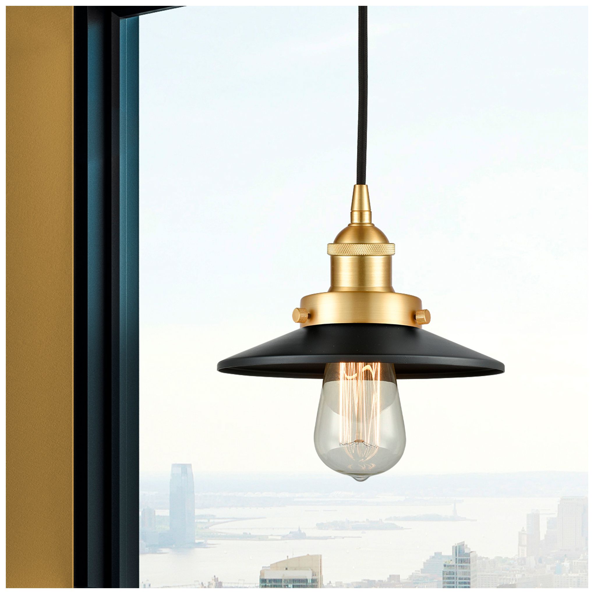 Image 2 Railroad 8" Satin Gold Mini Pendant w/ Matte Black Shade more views