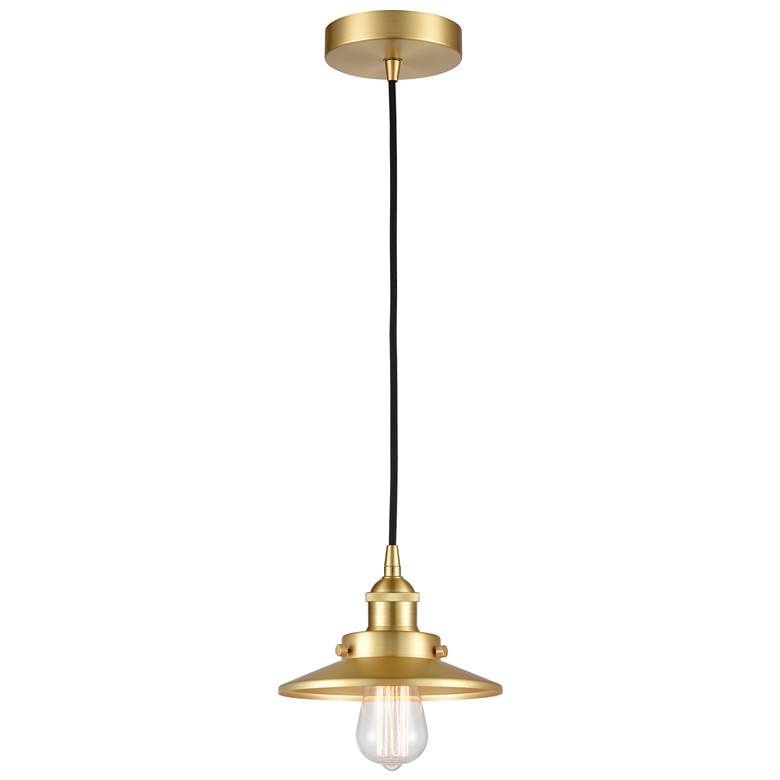 Image 1 Railroad 8" Wide Satin Gold Corded Mini Pendant w/ Satin Gold Shade
