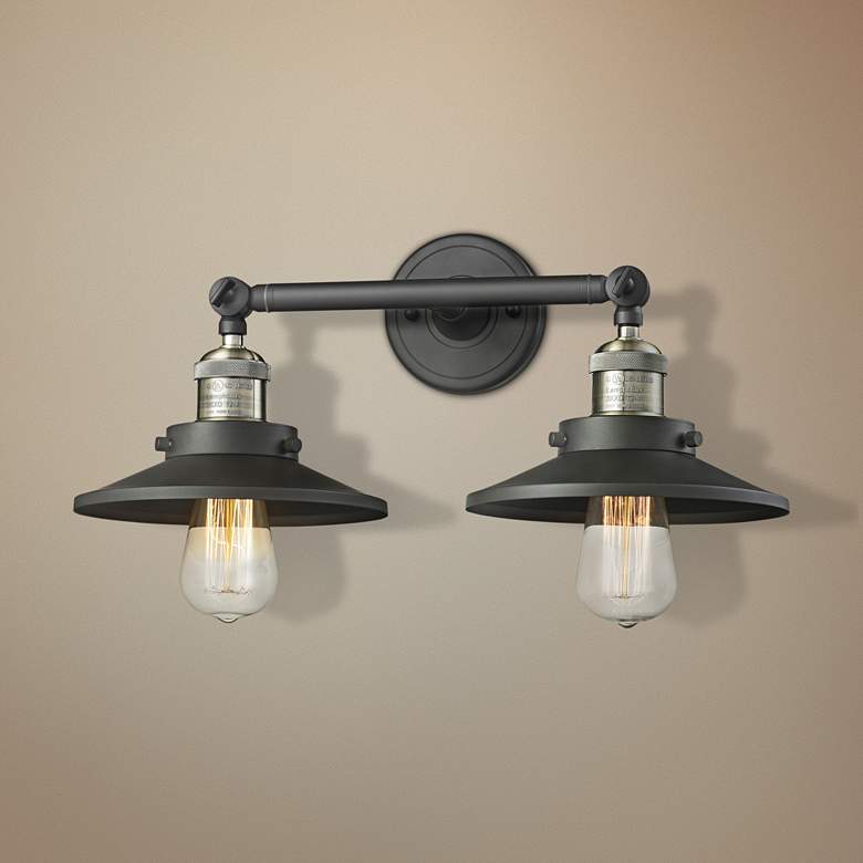 Image 1 Railroad 8"H Black and Brass 2-Light Adjustable Wall Sconce