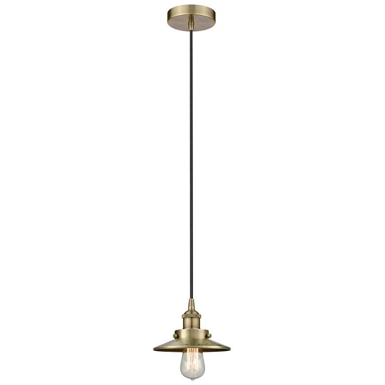 Image 1 Railroad 8"W Antique Brass Corded Mini Pendant w/ Antique Brass Shade