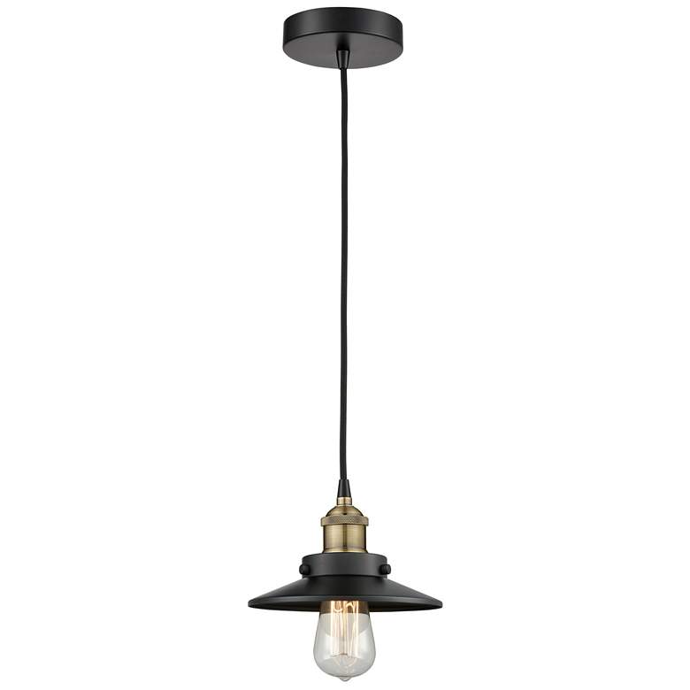 Image 1 Railroad 8"W Black Brass Corded Mini Pendant w/ Matte Black Shade