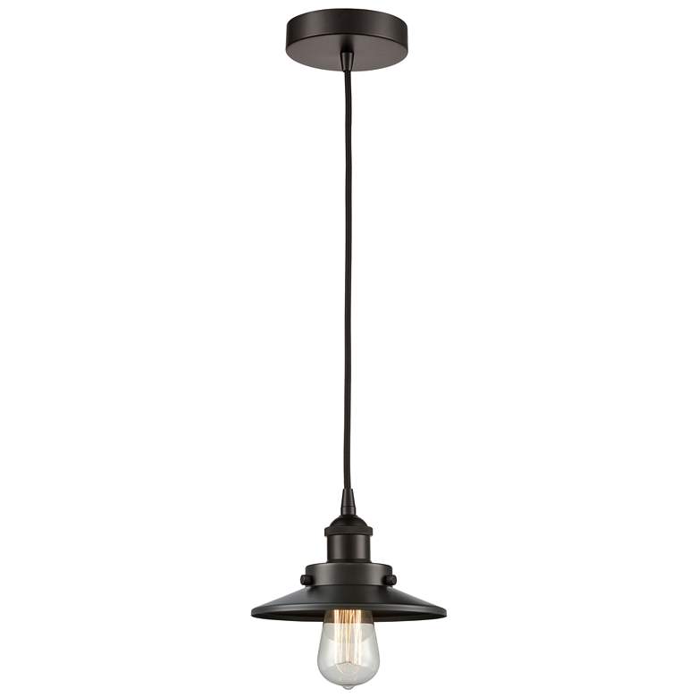 Image 1 Railroad 8"W Oil Rubbed Bronze Corded Mini Pendant w/ Oiled Bronze Sha