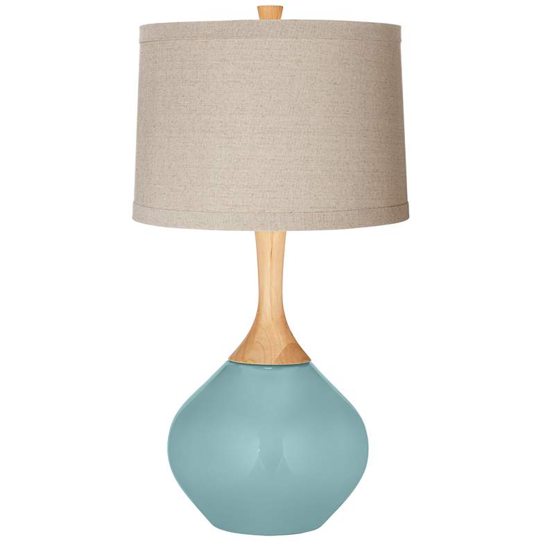 Image 1 Raindrop Blue with Natural Linen Drum Shade Wexler Table Lamp