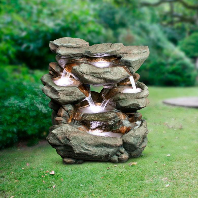 Image 1 Rainforest 31" Rustic Stone Waterfall Fountain with Light