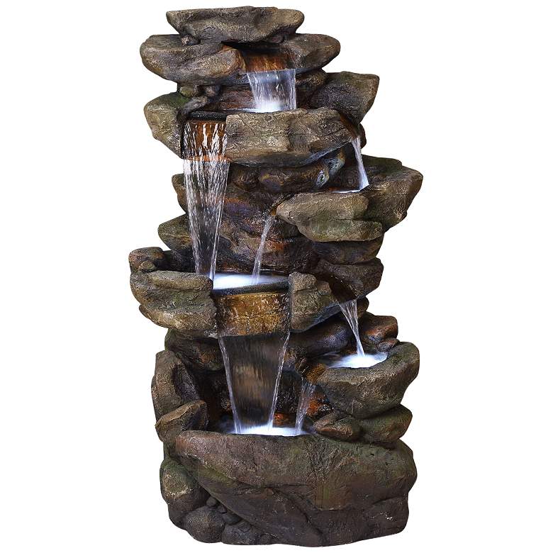 Image 1 Rainforest Rock Waterfall 51"H 6-Tier Outdoor LED Fountain