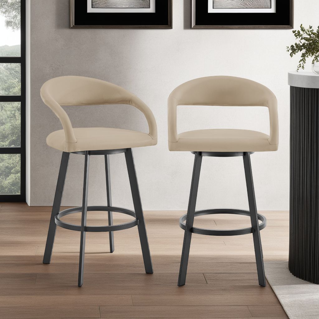 Image 3 Ramona 30 in. Swivel Bar Stool with Matte Black Iron and Beige Faux Leather more views