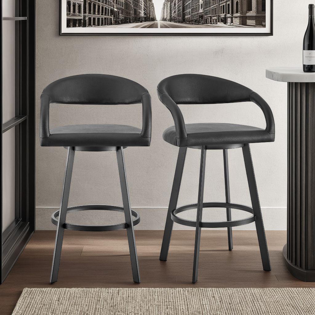 Image 3 Ramona 30 in. Swivel Bar Stool with Matte Black Iron and Black Faux Leather more views