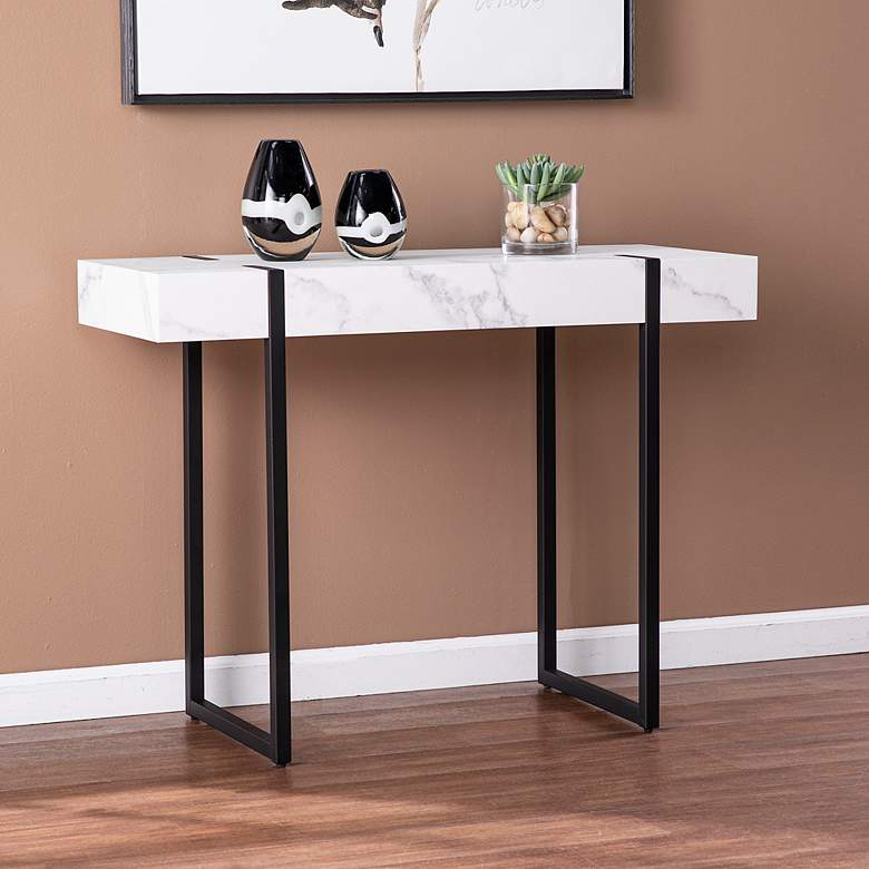Image 1 Rangley 39 1/4 inch White Faux Marble Black Metal Console Table
