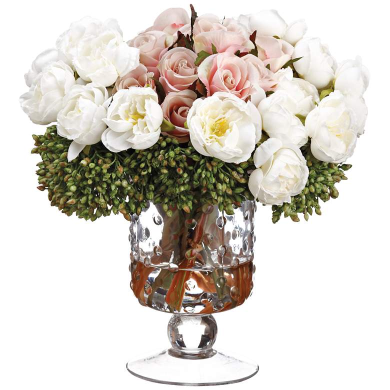 Image 1 Ranunculus, Rose and Berry 9"H Faux Flowers in Glass Vase
