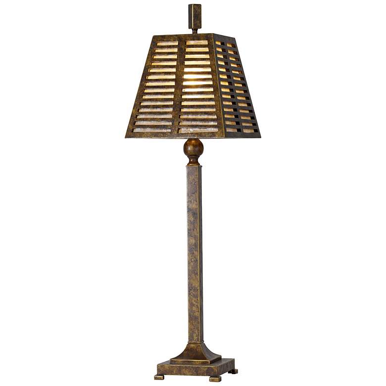Image 1 Raschella Bronze Table Lamp With Wooden Shutter Shade