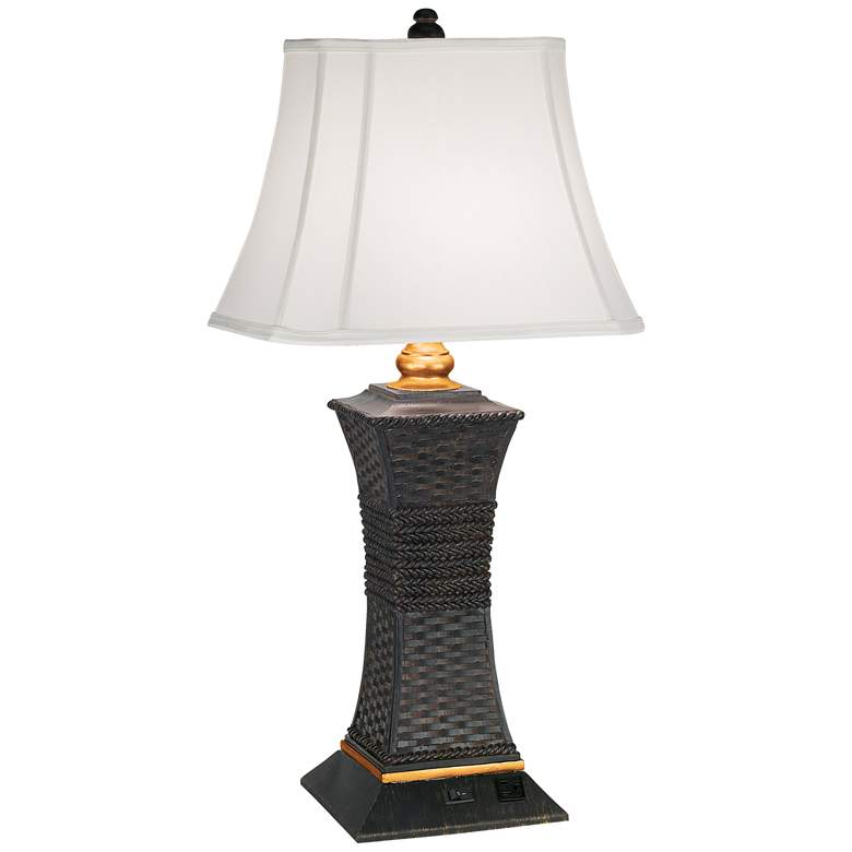 Rattan and Rope Table Lamp with Workstation Outlet Socket