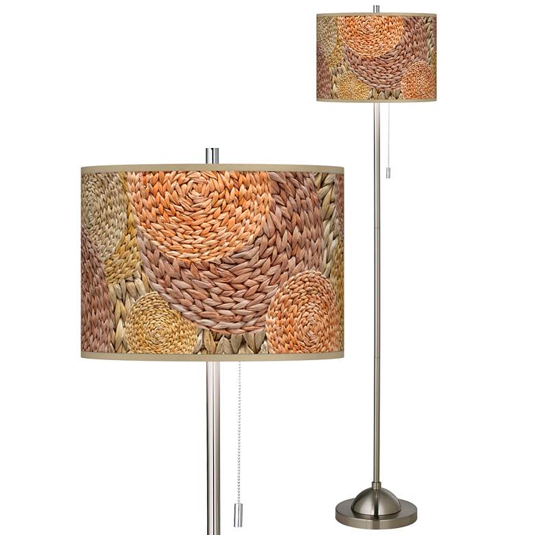 Image 1 Rattan Circles Print Brushed Nickel Pull Chain Floor Lamp