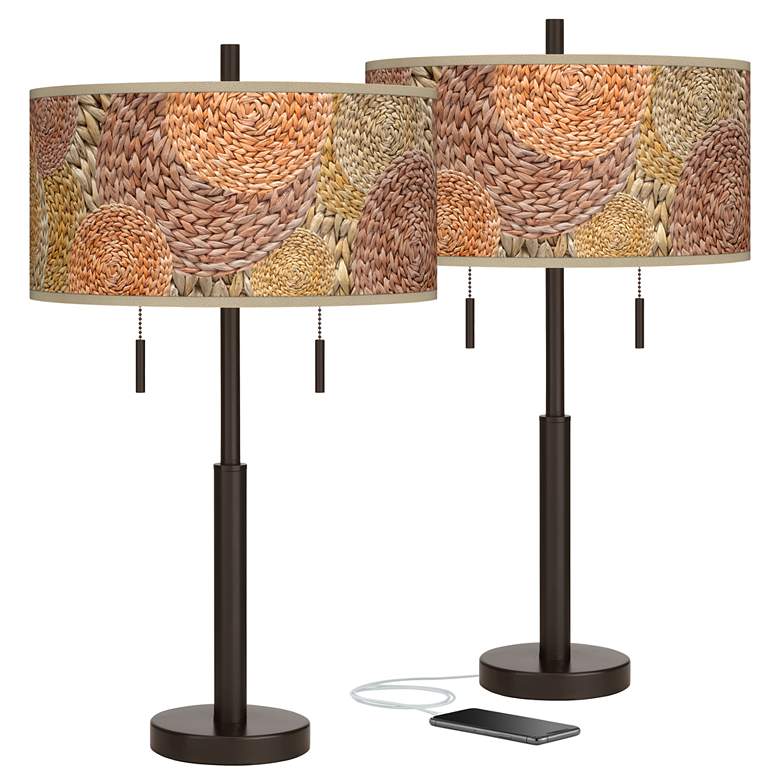 Image 1 Rattan Circles Print Robbie Bronze USB Table Lamps Set of 2