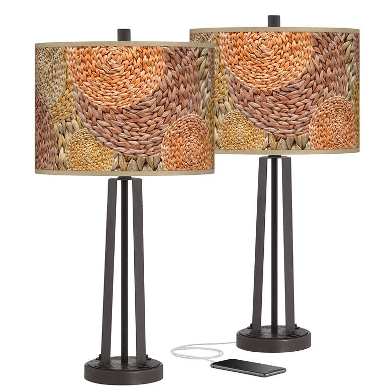Rattan Circles Print Susan Dark Bronze USB Table Lamps Set of 2