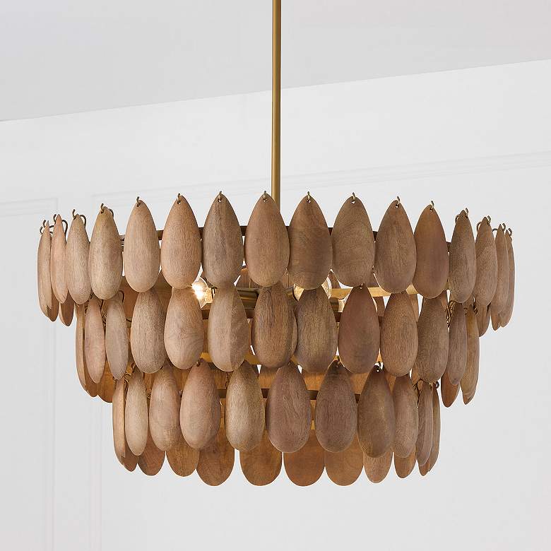 Image 1 Ravi 25" Wide Patinaed Brass and Wood 3-Tier Pendant Light