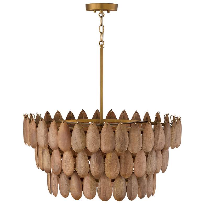 Image 4 Ravi 25" Wide Patinaed Brass and Wood 3-Tier Pendant Light more views