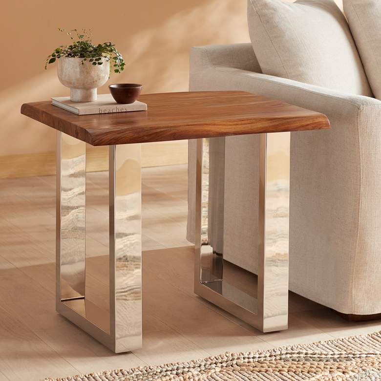 Image 1 Raw Edge Brownstone 28" Wide Chrome and Wood End Table