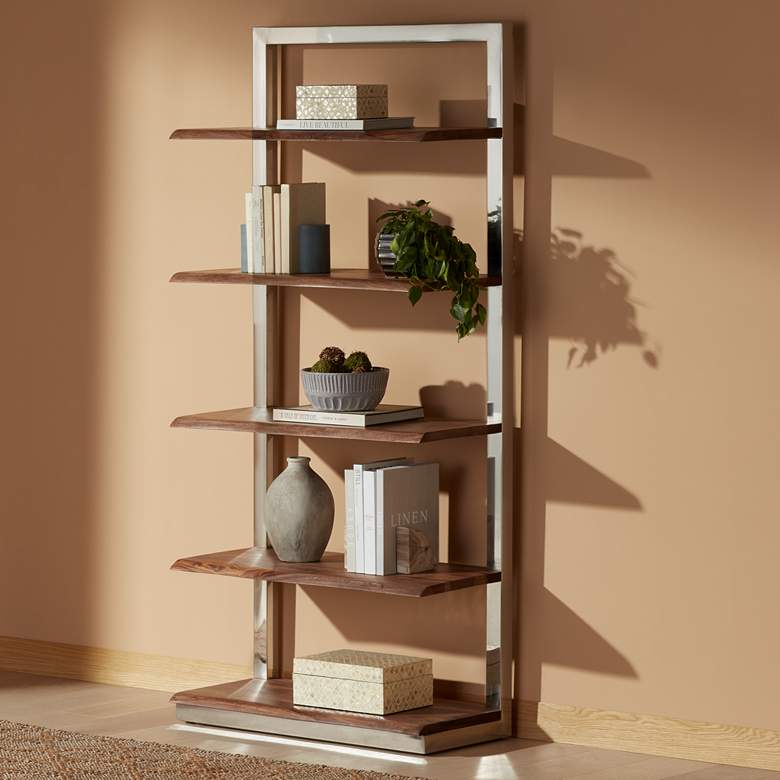 Image 2 Raw Edge Brownstone 75" High Chrome and Wood Etagere Bookcase