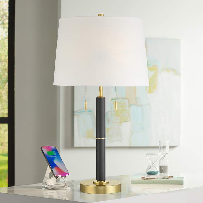 Image 1 Rawdon 27" High Antique Brass and Black 2-Light Pull-Chain Table Lamp