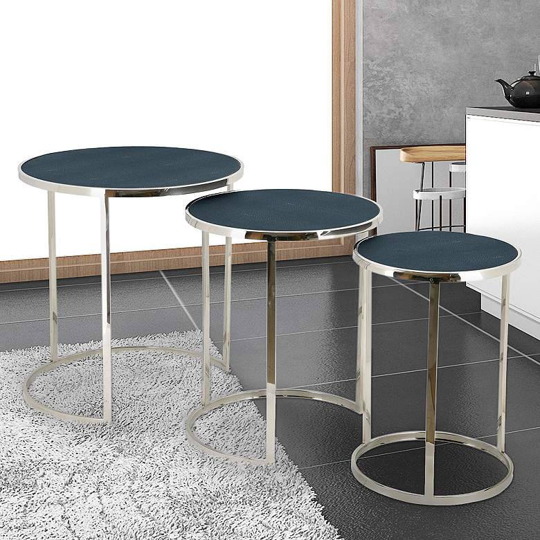 Image 1 Ray Black on Blue Shagreen Leather Nesting Tables Set of 3