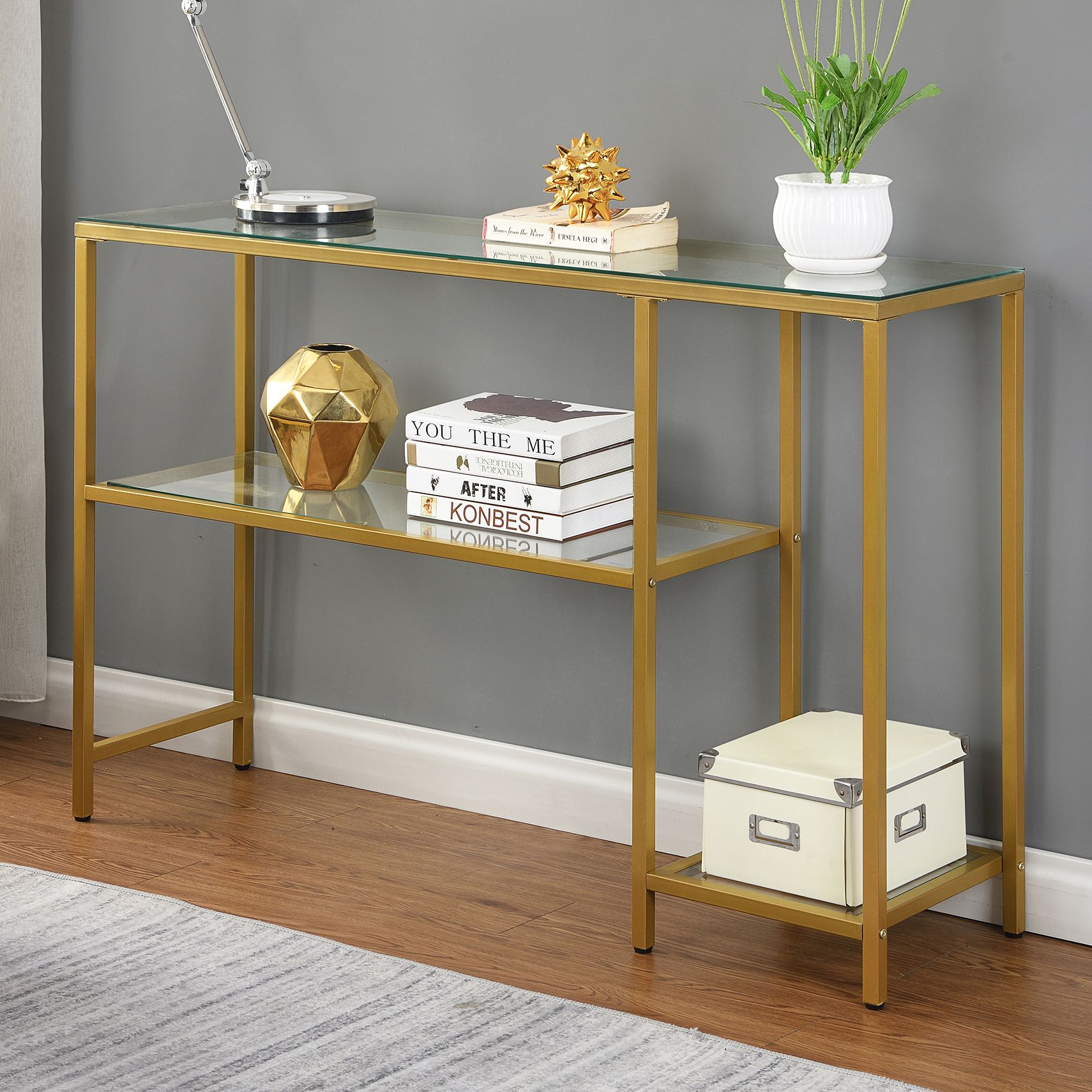 Rayna 48 Wide Clear Glass Gold Metal Shelf Console Table