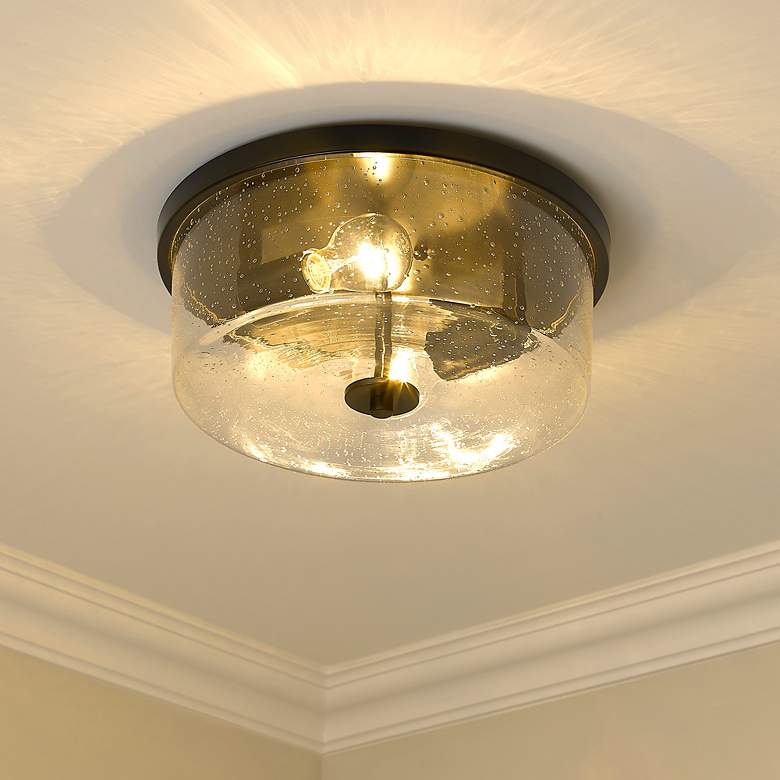 Image 1 Rayne 12 5/8" Wide Matte Black 2-Light Flush Mount With Seeded Glass