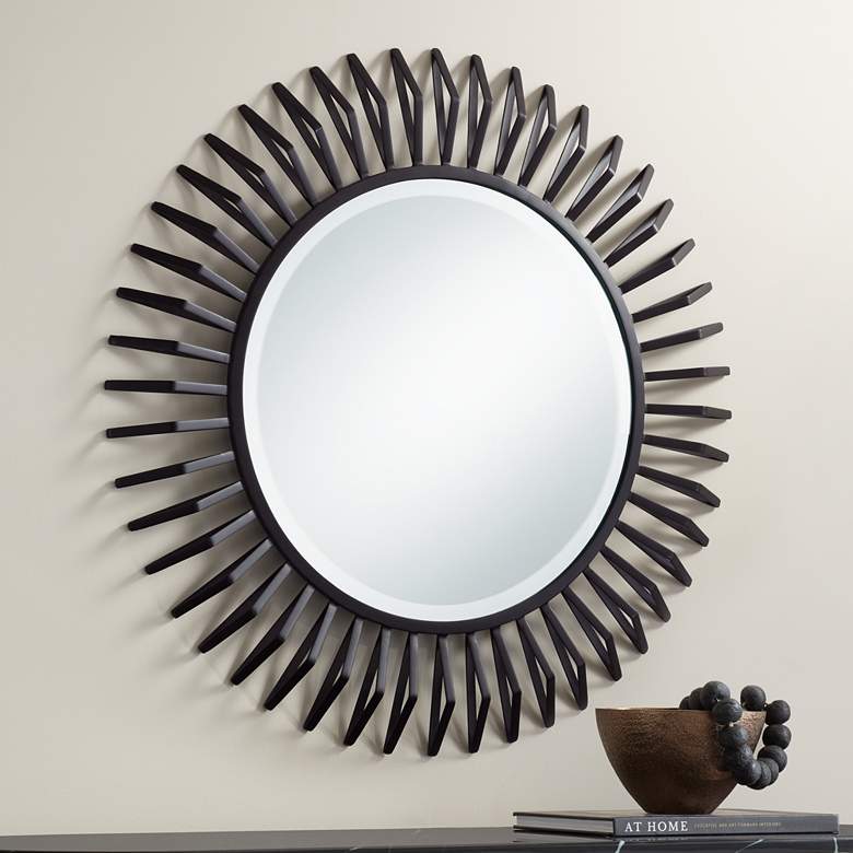Image 1 Rays Matte Black 32 1/4" Round Sunburst Wall Mirror
