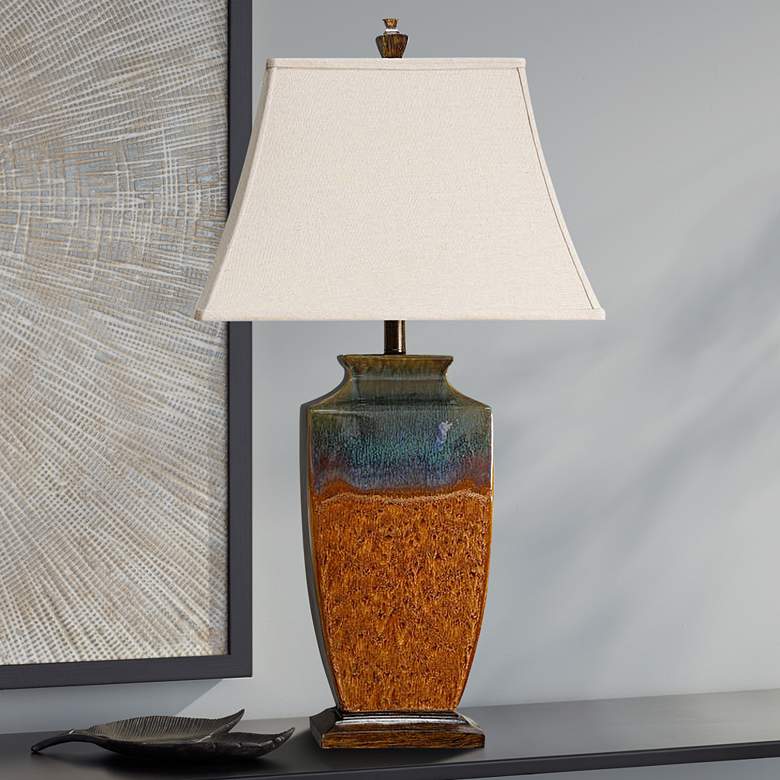 Image 1 Reactive Glaze Brown &amp; Turquoise Ceramic Table Lamp With Cream Shade