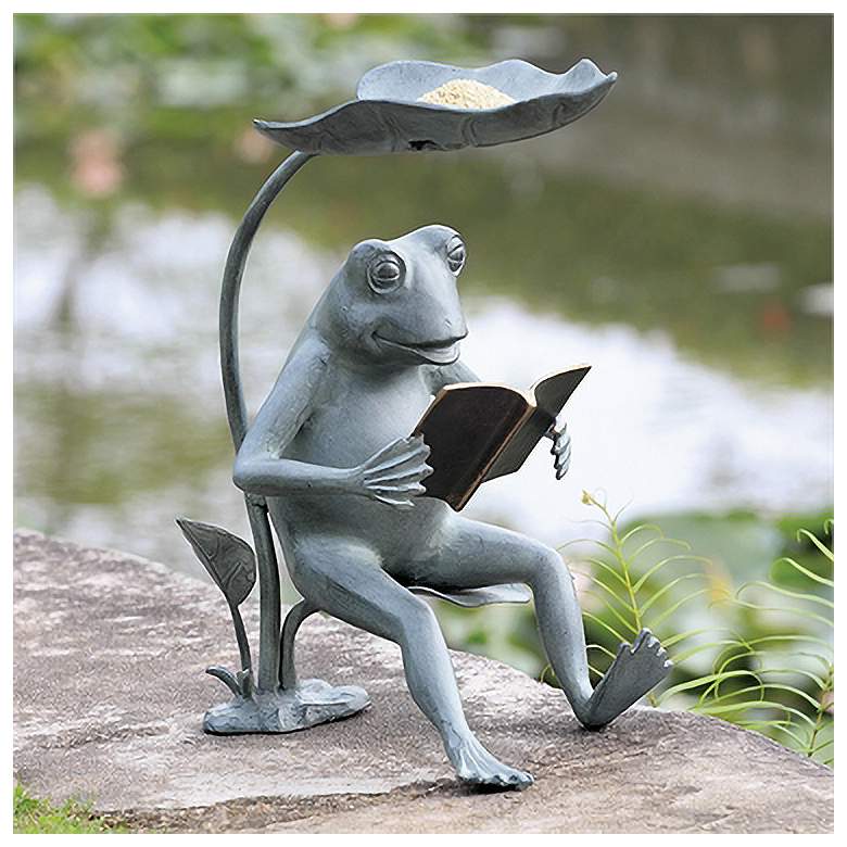 Image 1 Reading Frog 18 1/2 inch High Birdfeeder Statue with LED Light