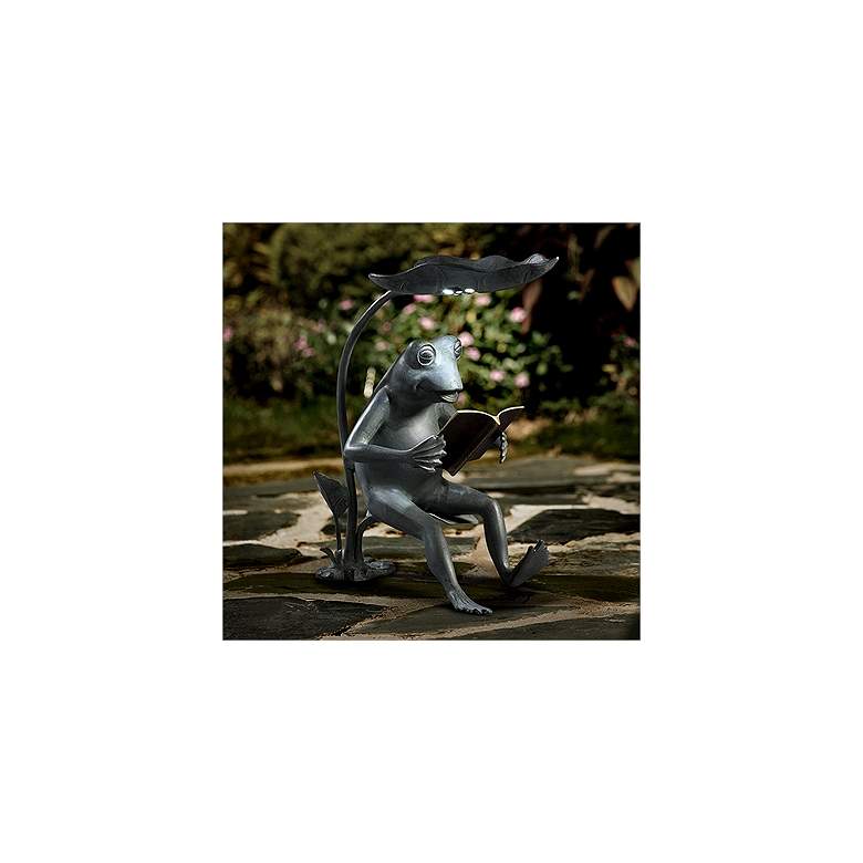 Image 3 Reading Frog 18 1/2" High Birdfeeder Statue with LED Light more views