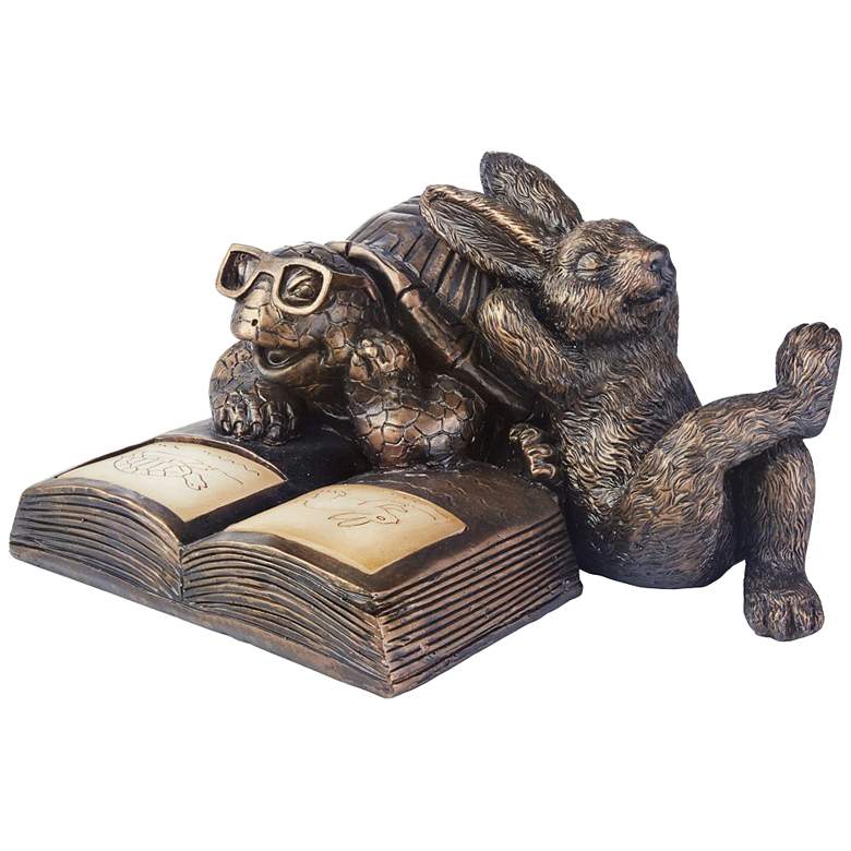 Image 1 Reading Tortoise and Hare 11 3/4"W Solar LED Garden Statue