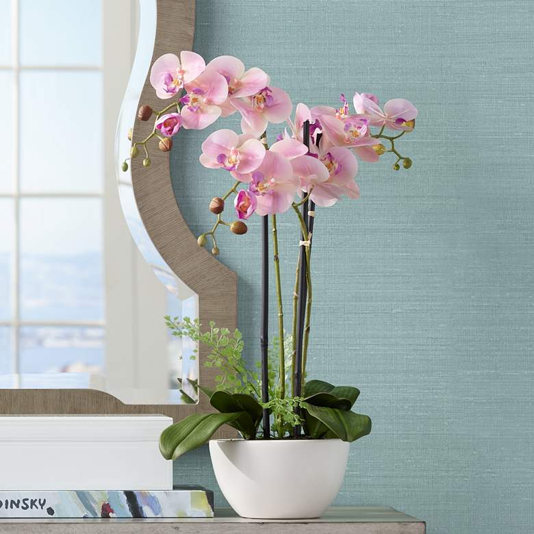 Image 1 Real Touch Pink Orchid 22" High Faux Flowers in White Pot