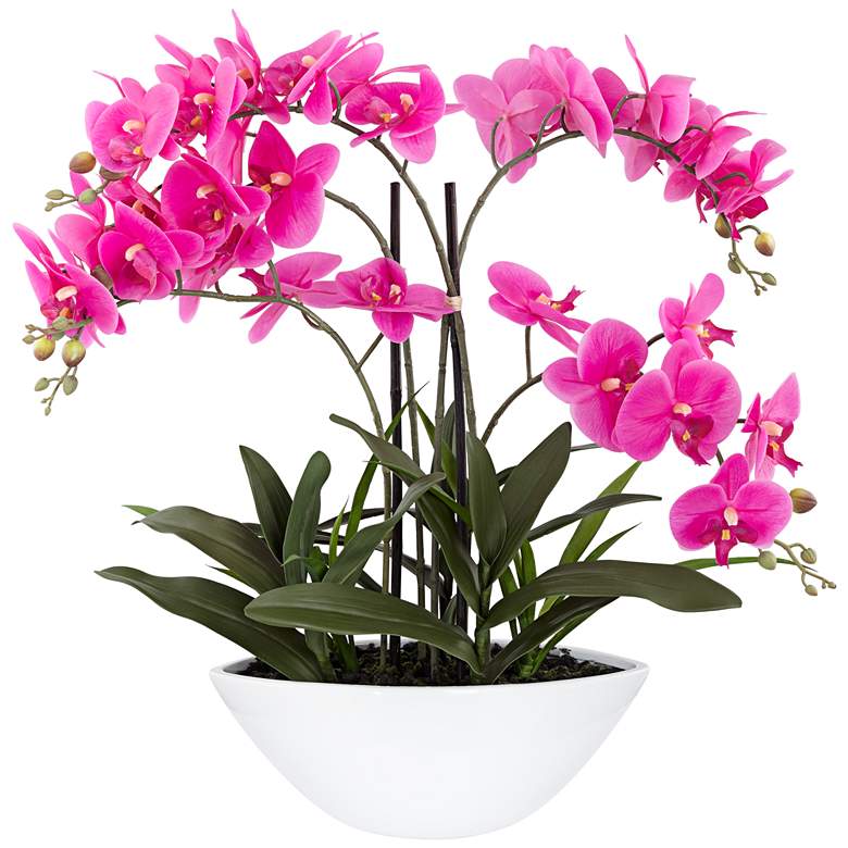 Real Touch Pink Orchid 28&quot; High Faux Flowers in White Pot