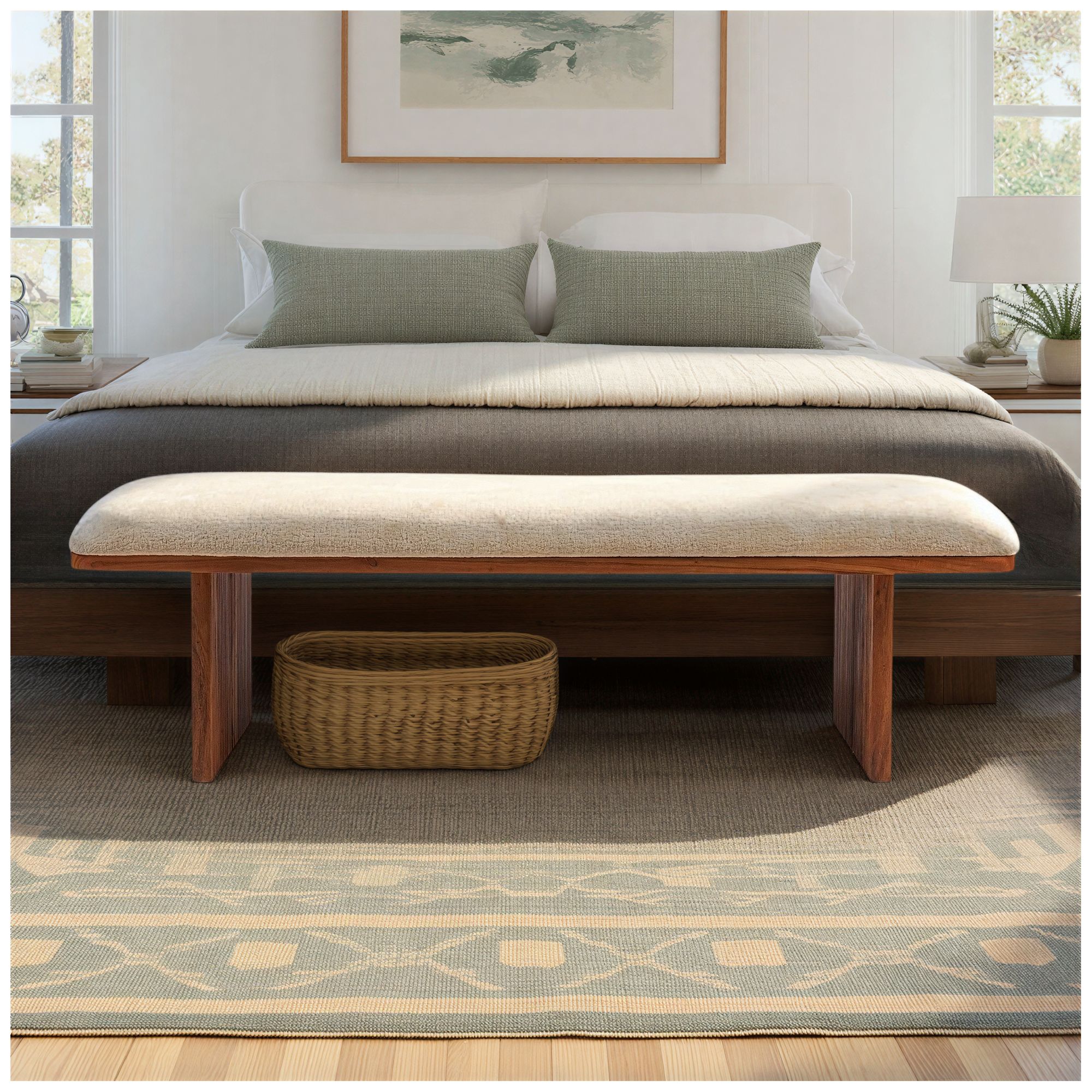 Image 4 Rectangular Acacia Wood and Crushed Velvet Bench more views