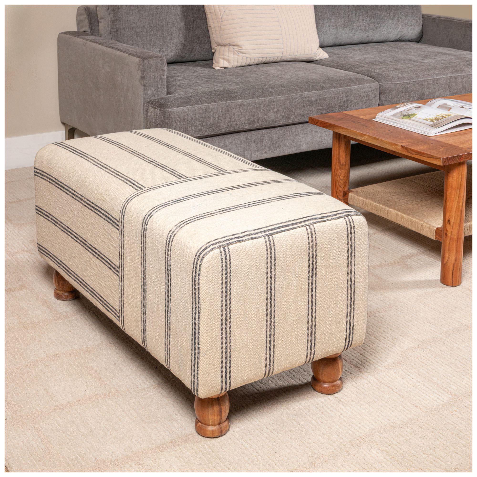 Image 4 Rectangular Cotton Ticking Stripe and Acacia Wood Ottoman Bench more views