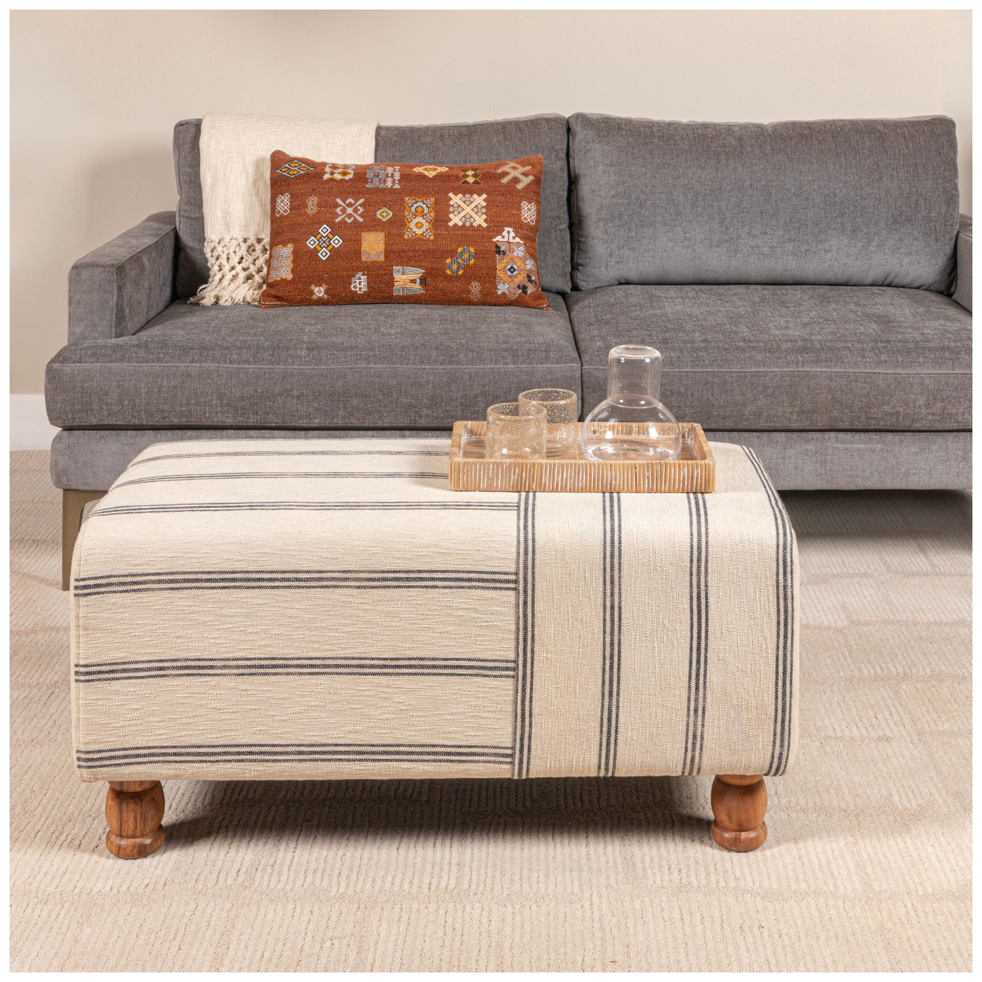 Image 5 Rectangular Cotton Ticking Stripe and Acacia Wood Ottoman Bench more views