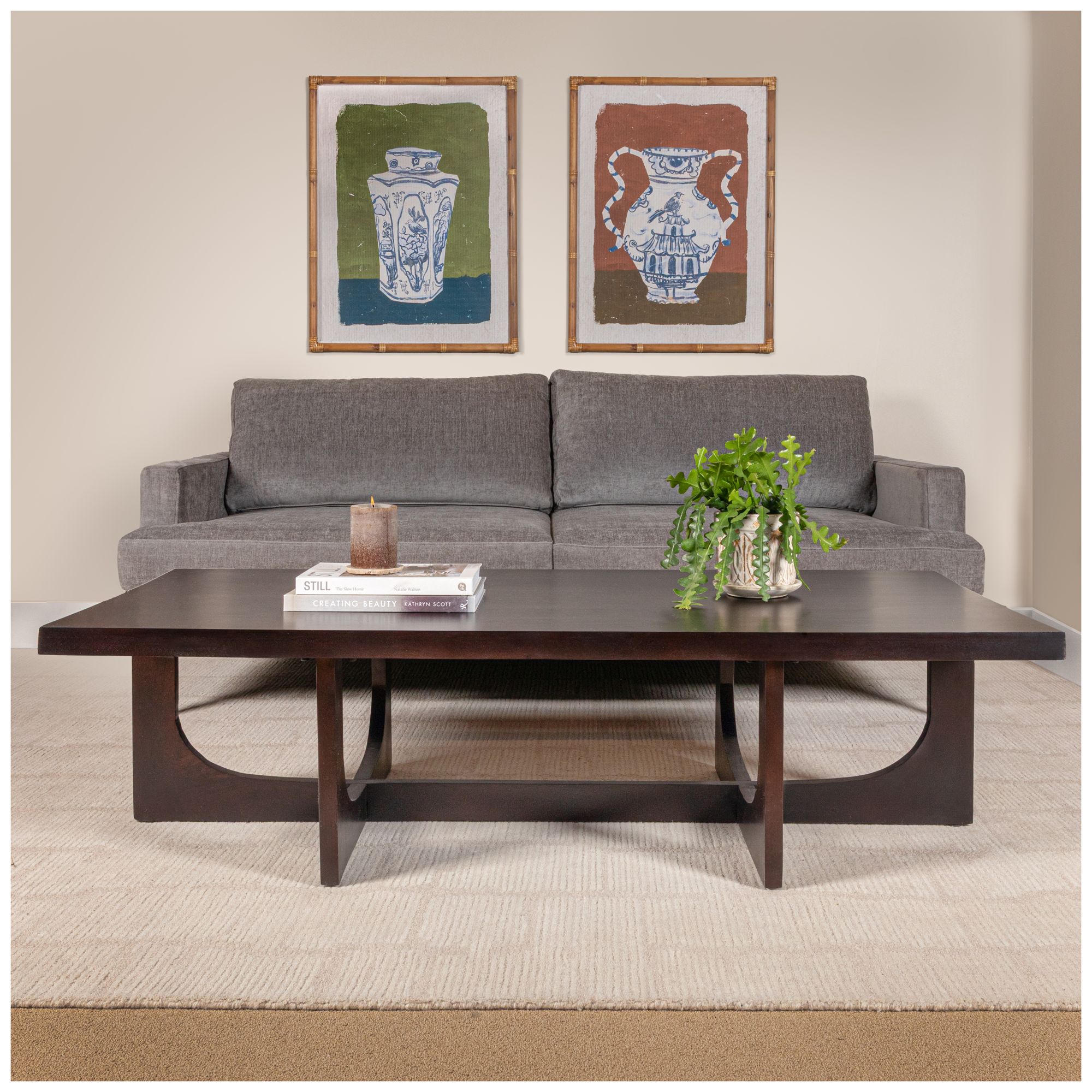 Image 2 Rectangular Mango Wood Coffee Table with Modern Trestle Base, Black Walnut more views
