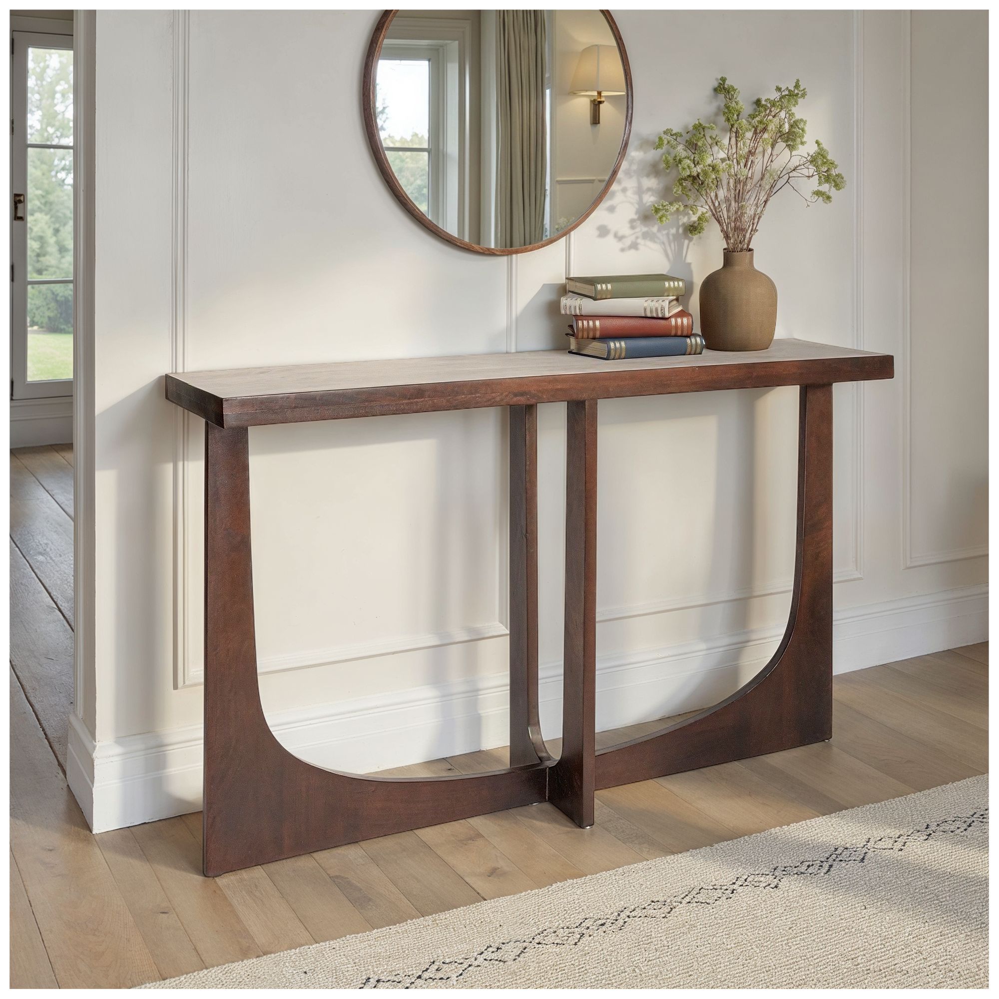 Image 2 Rectangular Mango Wood Console Table with Modern Trestle Base, Black Walnut more views