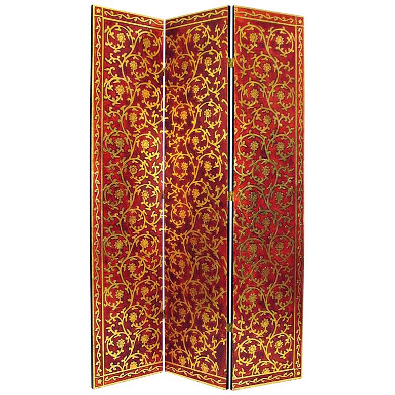Image 1 Red and Gold Leaf Hand Painted Three Panel Screen