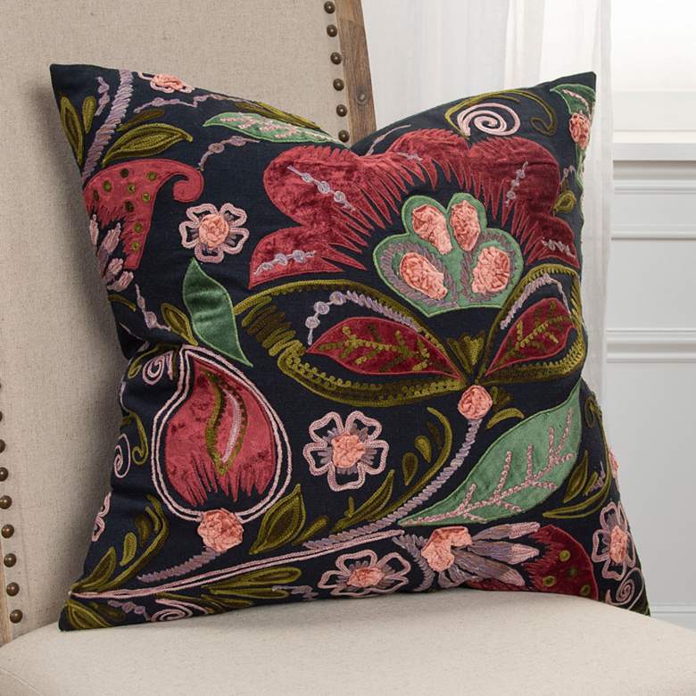 Image 1 Red and Green Floral 20 inch x 20 inch Down Filled Throw Pillow